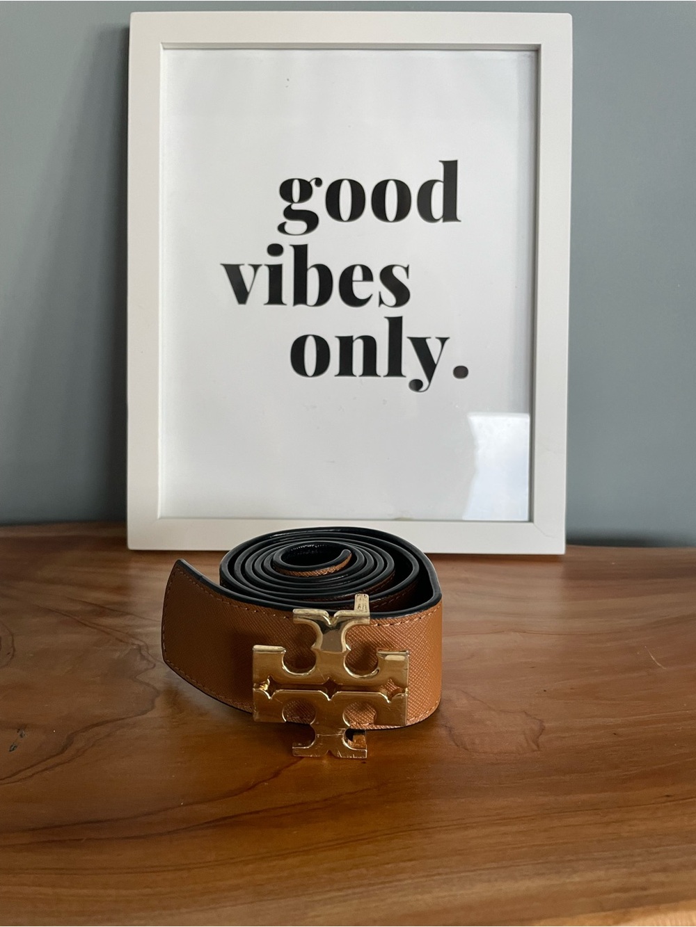 Tory Burch Reversible Leather Belt Brown Black with Signature Gold Logo Buckle